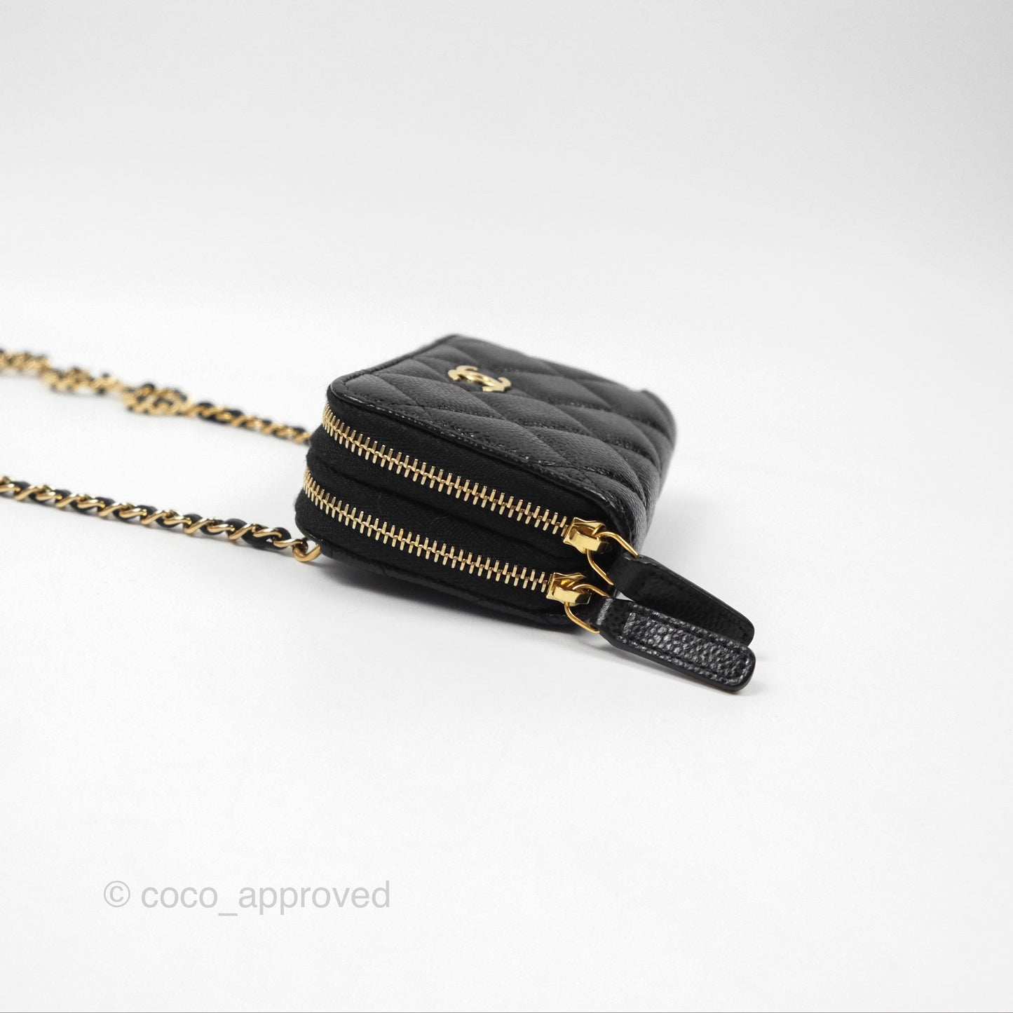 Chanel Miss Coco Quilted Zip Card Holder on Chain Black Caviar Gold Hardware