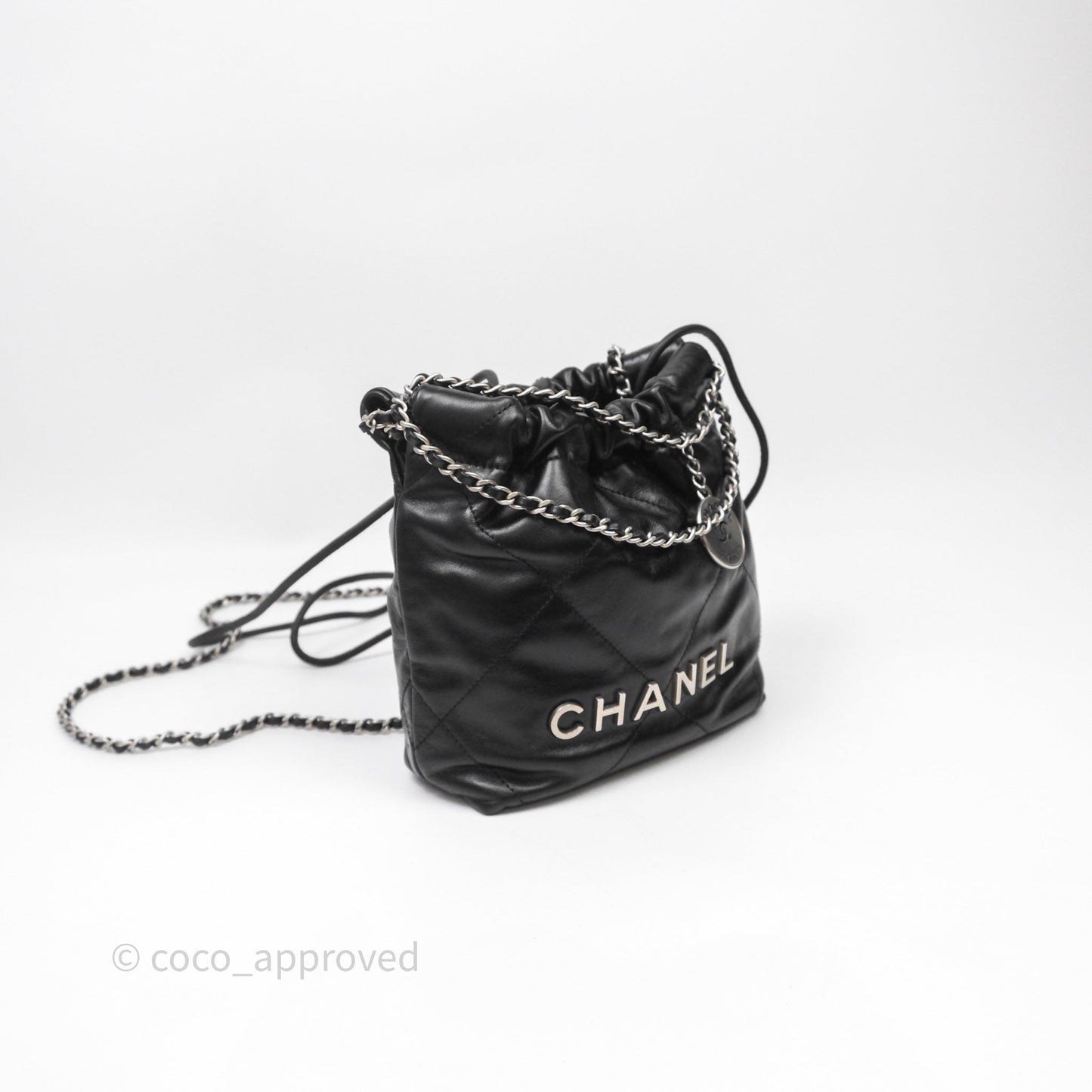 Chanel 22 Mini Bag Black Shiny Crumpled Calfskin Matte Silver Hardware