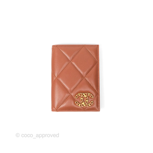 Chanel 19 Quilted Passport Holder Tan Lambskin Gold Hardware