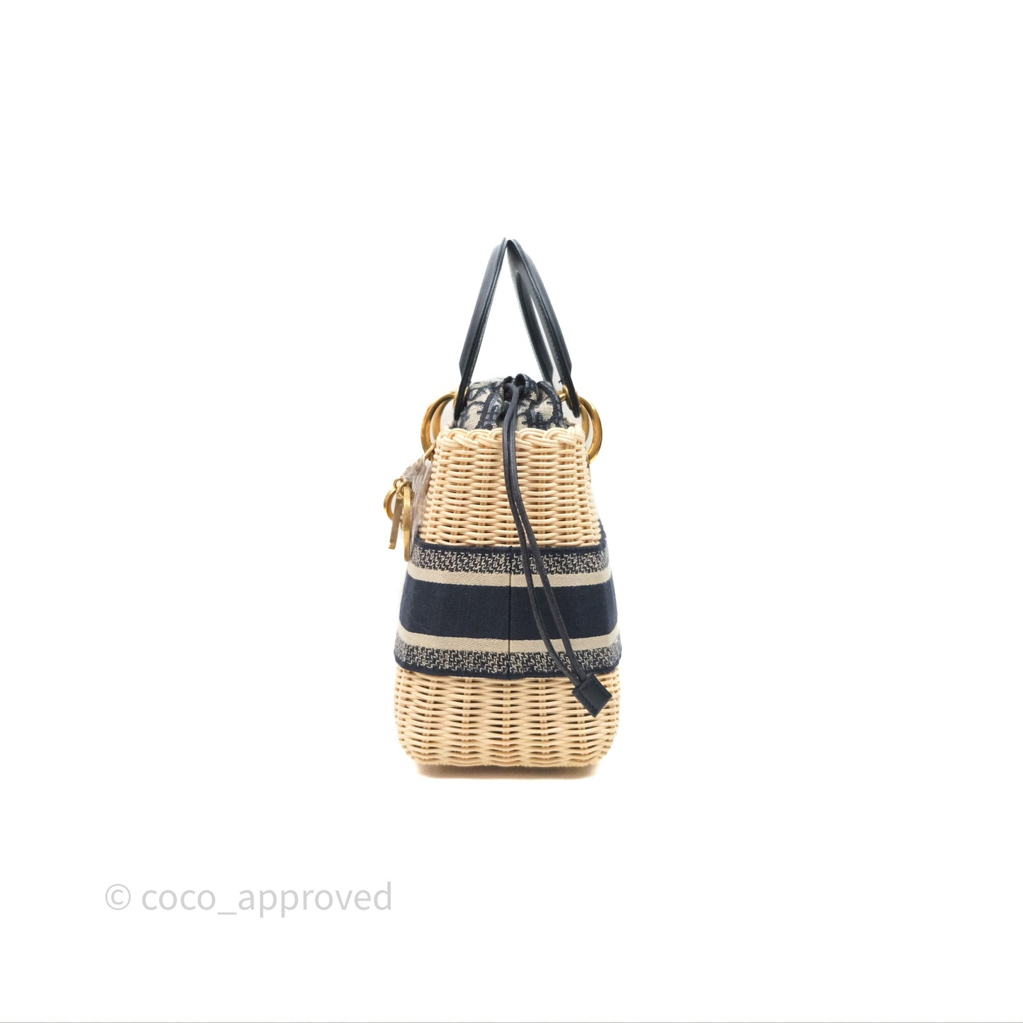 Christian Dior Medium Lady Dior Natural Rattan and Blue Dior Oblique Jacquard