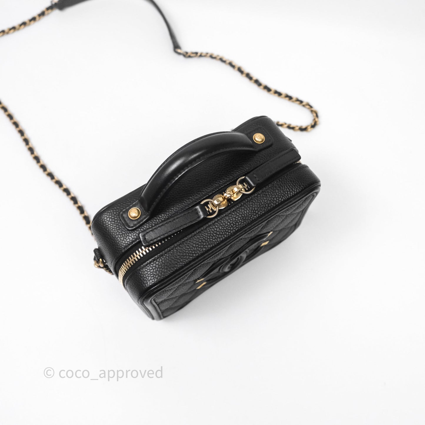 Chanel Quilted Small CC Filigree Vanity Case Black Caviar Aged Gold Hardware