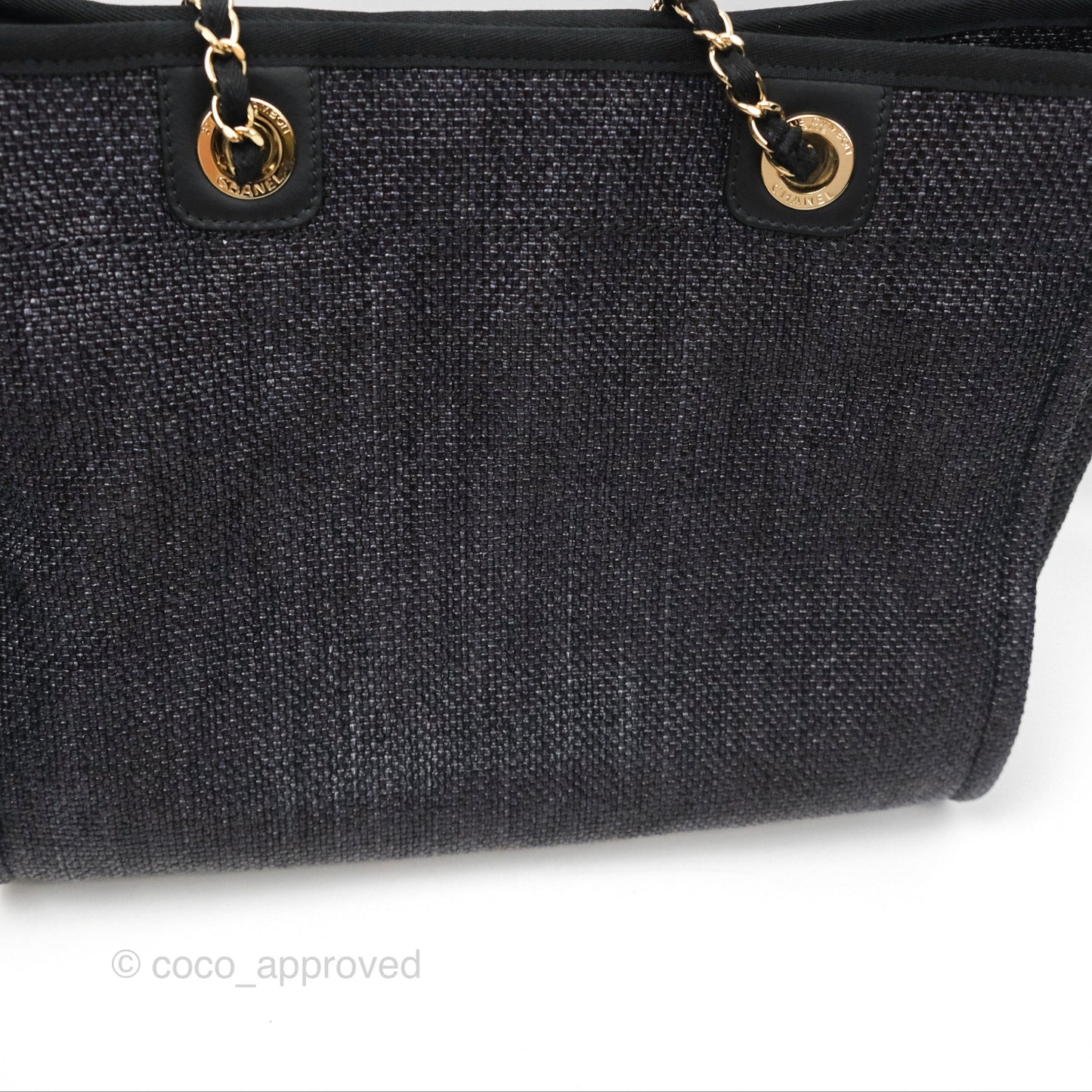 Chanel Medium Deauville Tote Black Dark Grey Raffia Woven Gold Hardware