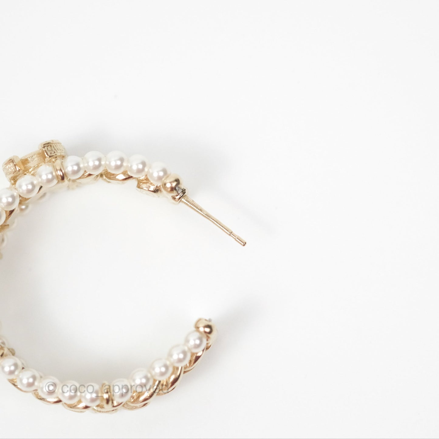 Chanel CC Pearl Hoop Earrings Gold Tone 20C