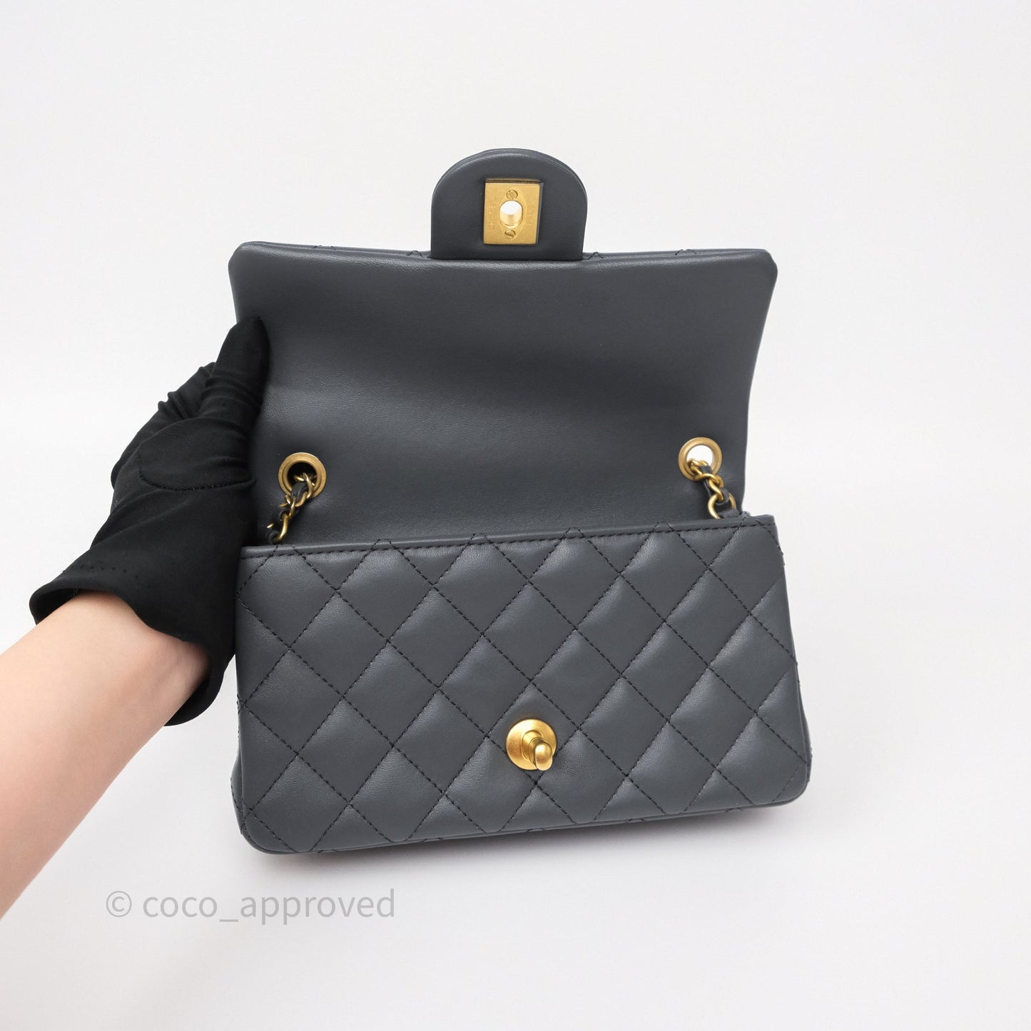 Chanel Pearl Crush Mini Rectangular Quilted Dark Grey Lambskin Aged Gold Hardware