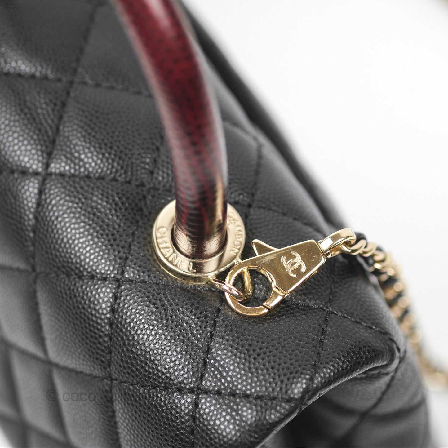 Chanel Small Coco Handle Black Caviar Gold Hardware Lizard Embossed Handle