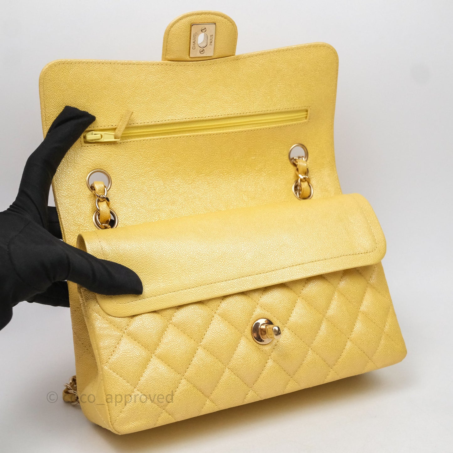 Chanel Small Classic Quilted Flap Iridescent Yellow Caviar Gold Hardware