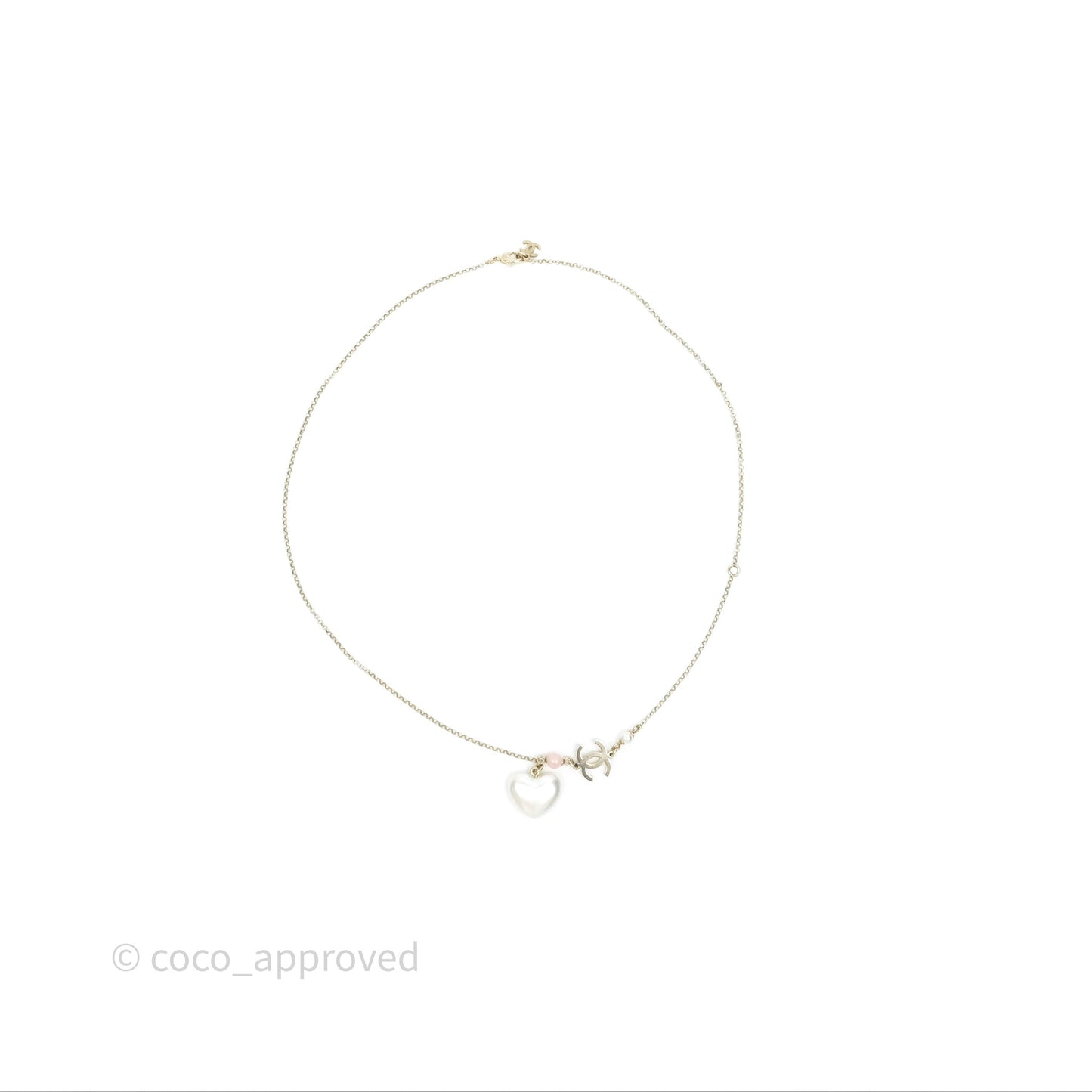 Chanel Crystal CC Pearl Heart Pendant Necklace Gold Tone 21B