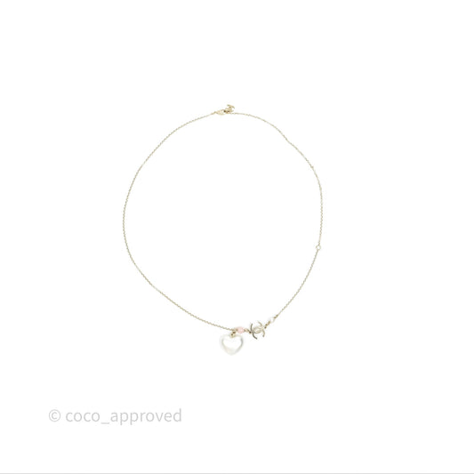 Chanel Crystal CC Pearl Heart Pendant Necklace Gold Tone 21B