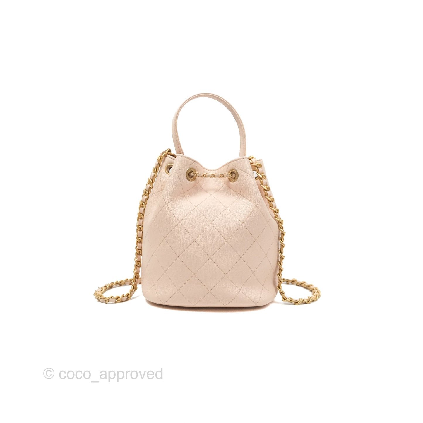 Chanel Quilted Top Handle Drawstring Bucket Bag Pink Caviar Aged Gold Hardware