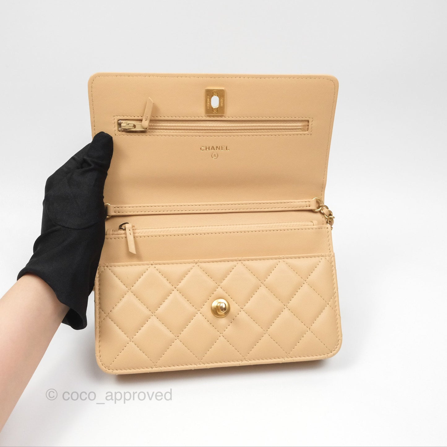 Chanel Quilted Pearl Crush Wallet on Chain WOC Beige Lambskin Aged Gold Hardware