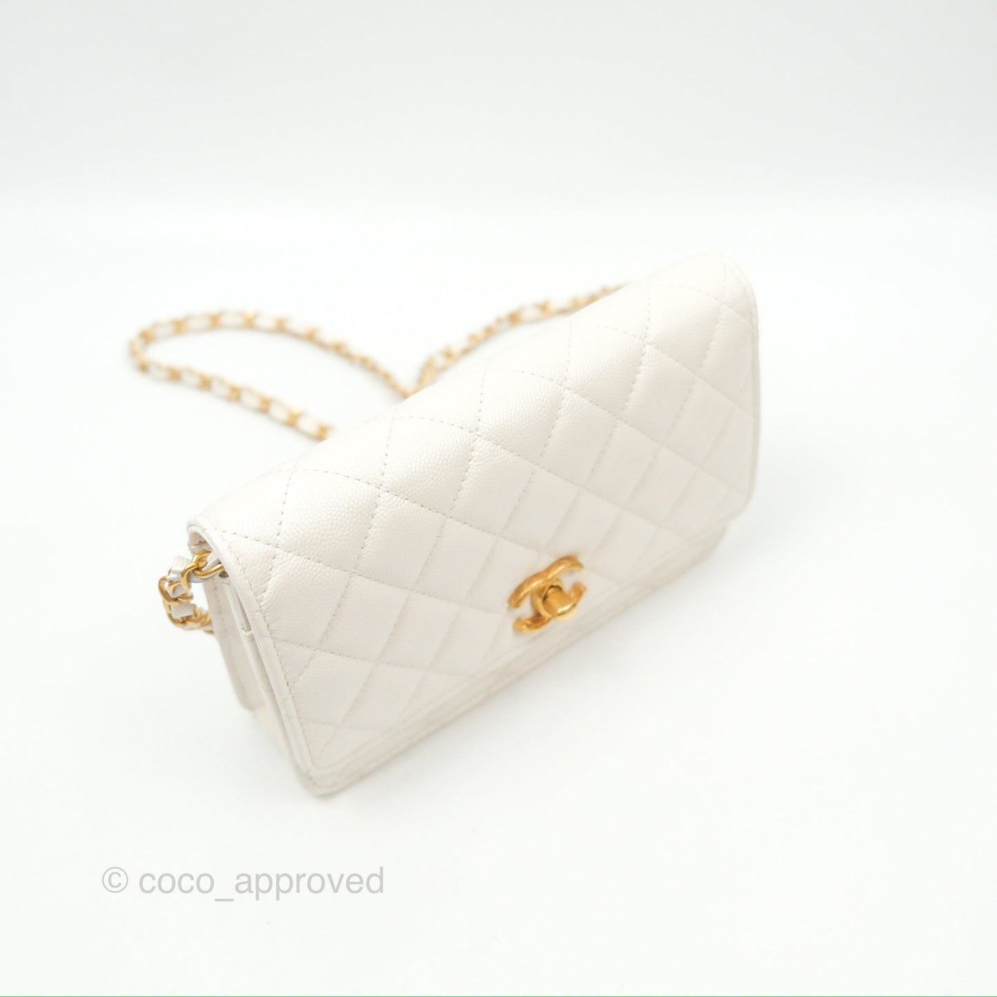 Chanel Wallet On Chain WOC Adjustable CC Chain Iridescent White Caviar Aged Gold Hardware