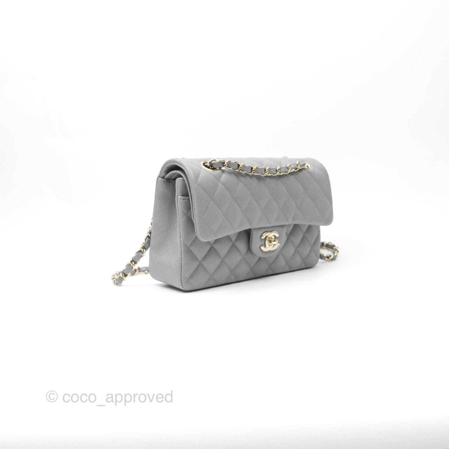 Chanel Small Classic Quilted Flap Grey Caviar Gold Hardware