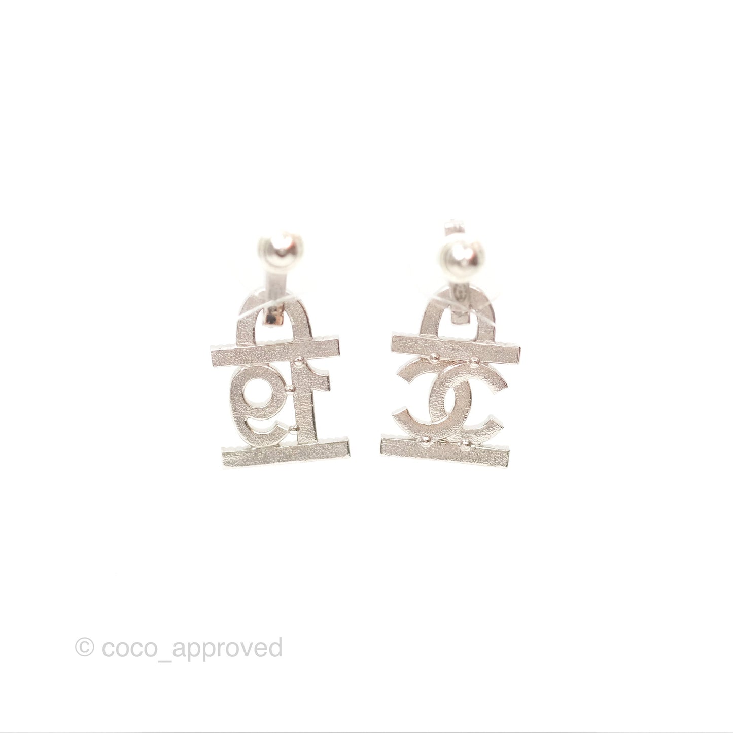 Chanel Crystal 19 CC Lock Earrings Silver Tone 22A
