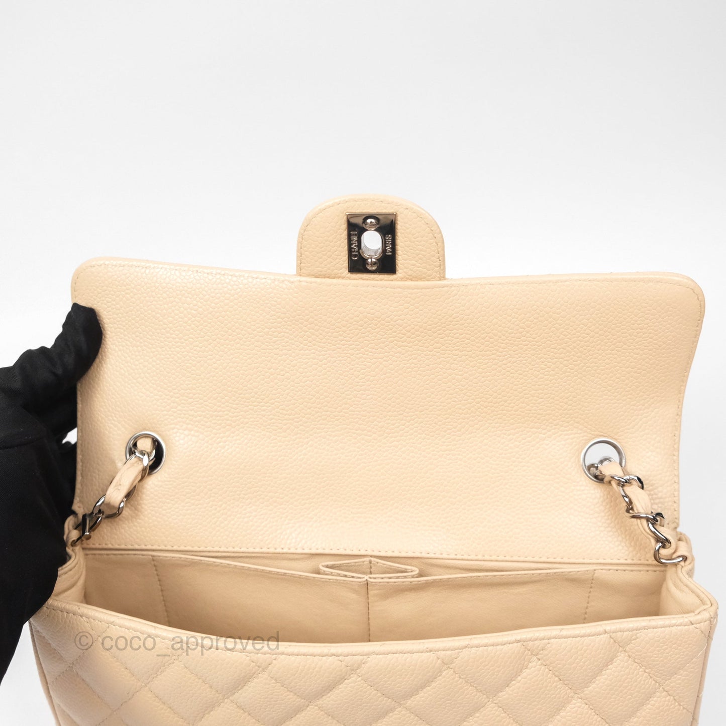Chanel Quilted East West Flap Beige Caviar Silver Hardware