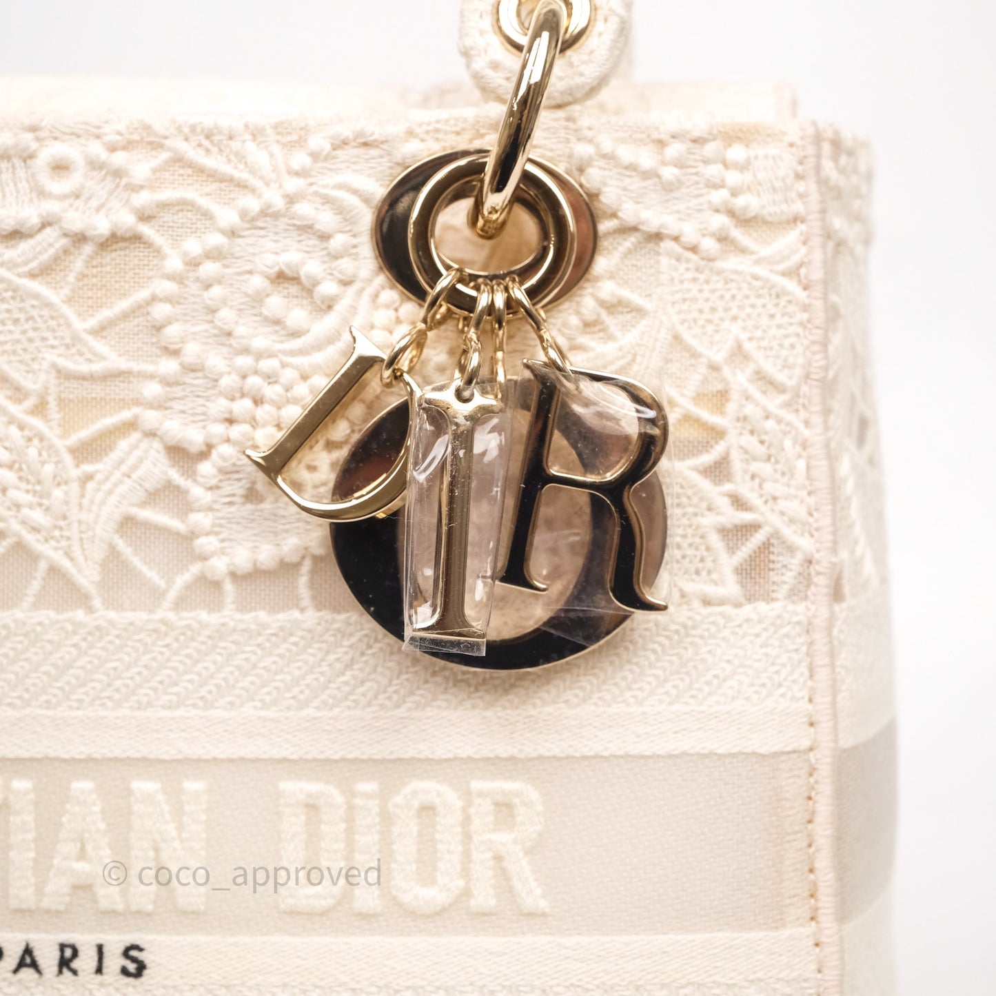 Christian Dior Lace Medium Lady Dior Ivory White Gold Hardware