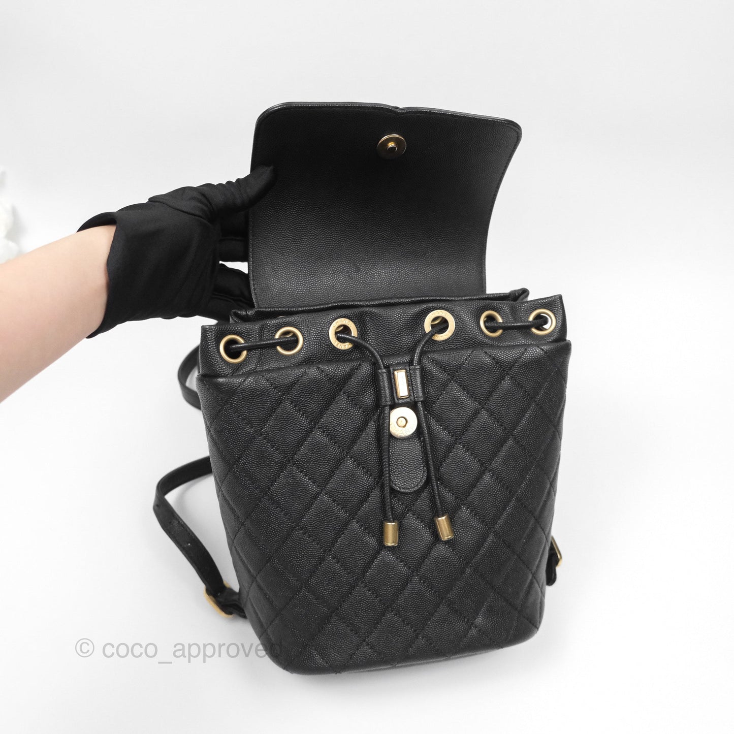 Chanel Small Quilted Filigree Backpack Black Caviar Aged Gold Hardware