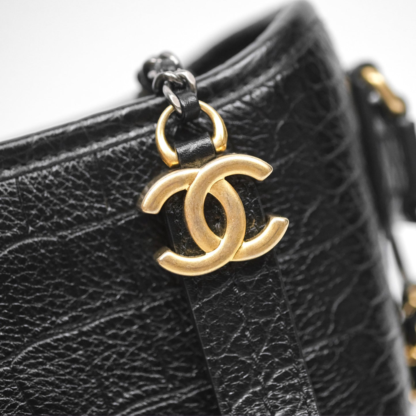 Chanel Small Gabrielle Hobo with Logo Handle Quilted Black Croc Embossed Calfskin