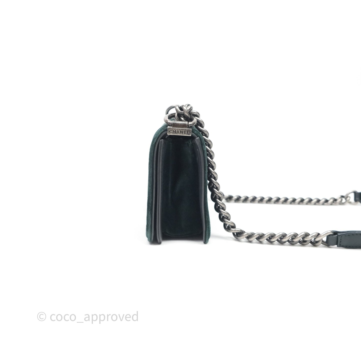 Chanel Small Boy Quilted Dark Green Velvet Ruthenium Hardware