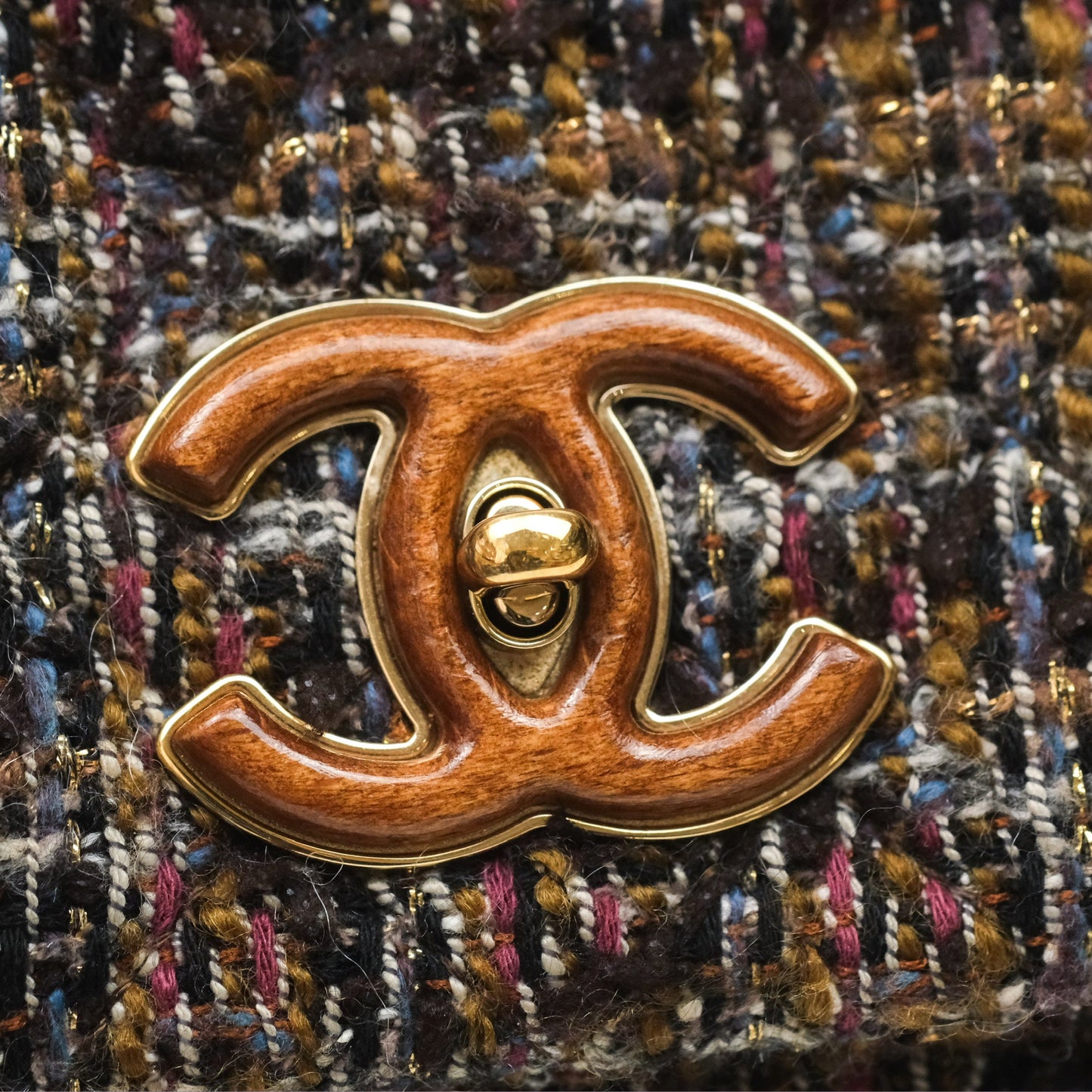 Chanel Top Handle Flap Bag Tweed Gold Hardware