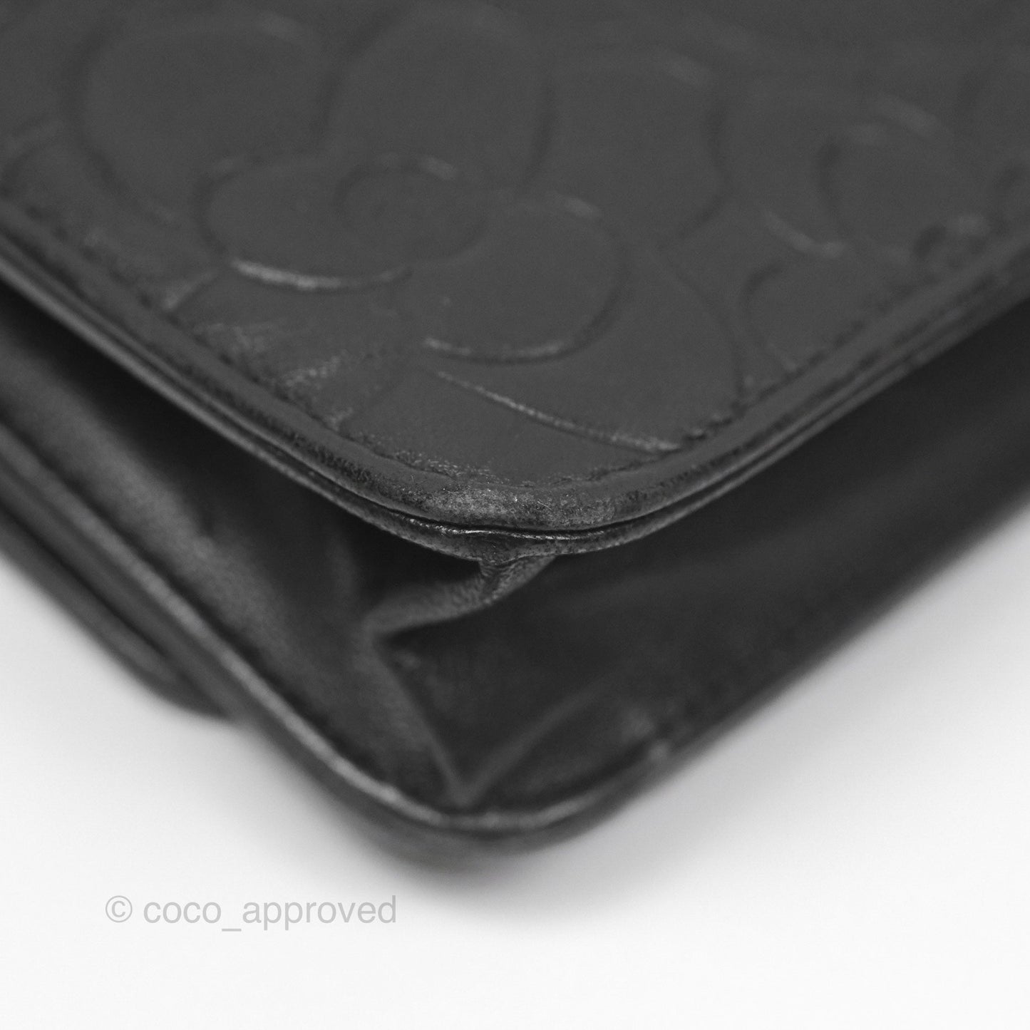 Chanel Camellia Embossed Wallet on Chain WOC Black Lambskin Silver Hardware