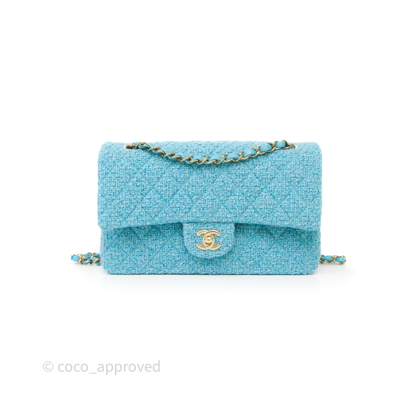 Chanel Classic M/L Medium Quilted Double Flap Bag Blue Tweed Gold Hardware