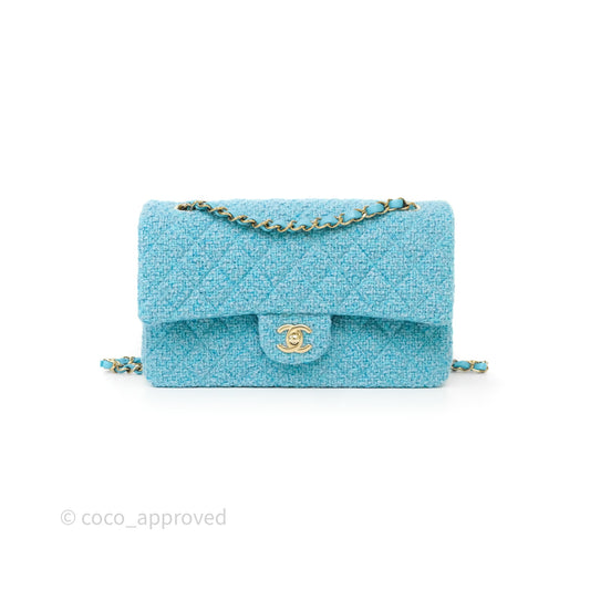 Chanel Classic M/L Medium Quilted Double Flap Bag Blue Tweed Gold Hardware