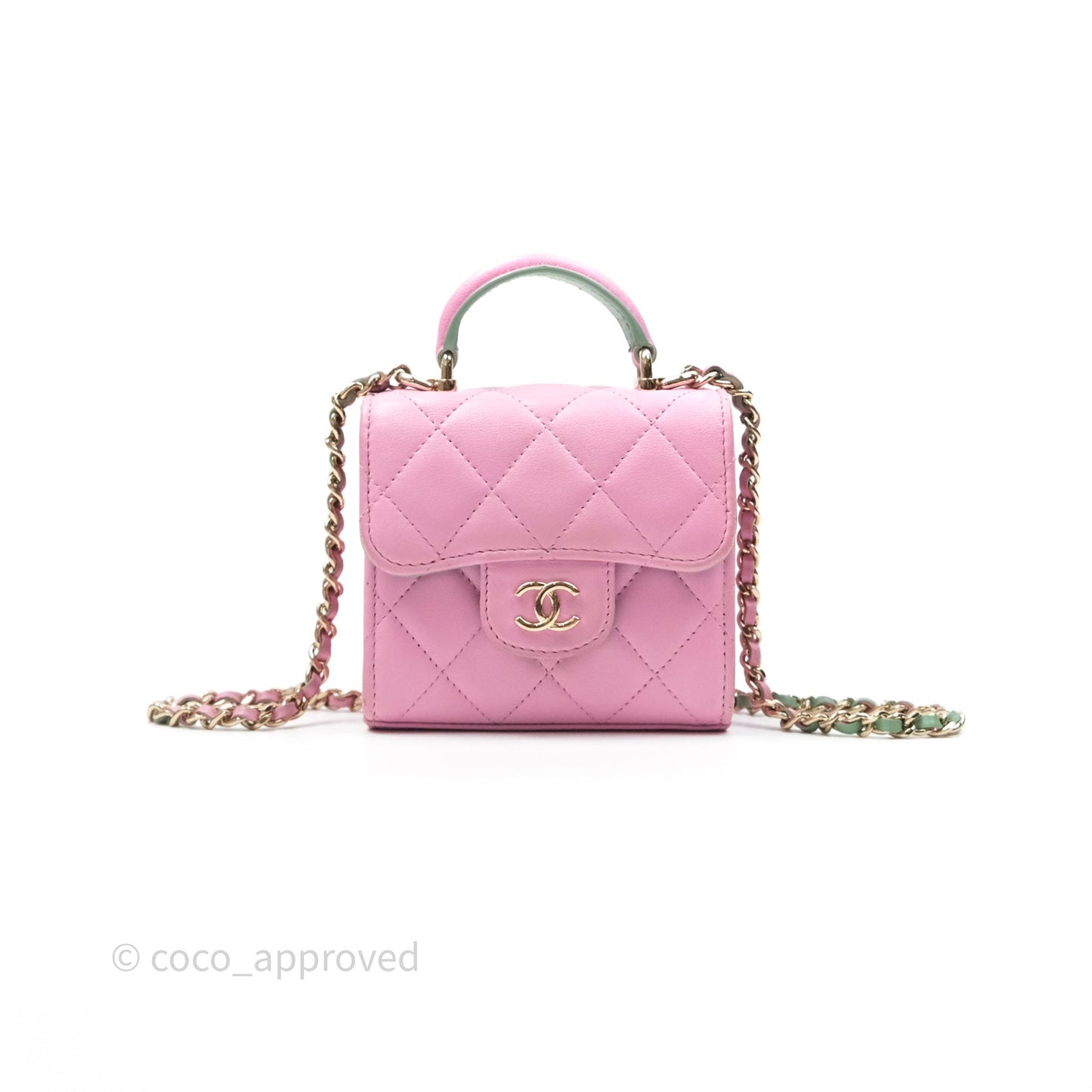 Chanel Mini Handle Clutch With Chain Pink/ Mint Lambskin Gold Hardware 23P
