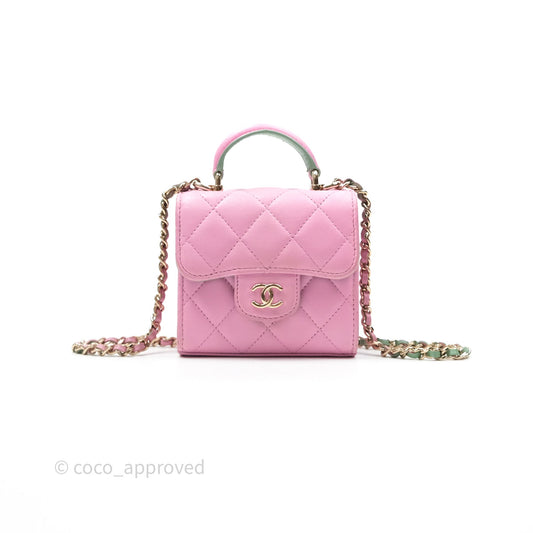 Chanel Mini Handle Clutch With Chain Pink/ Mint Lambskin Gold Hardware 23P