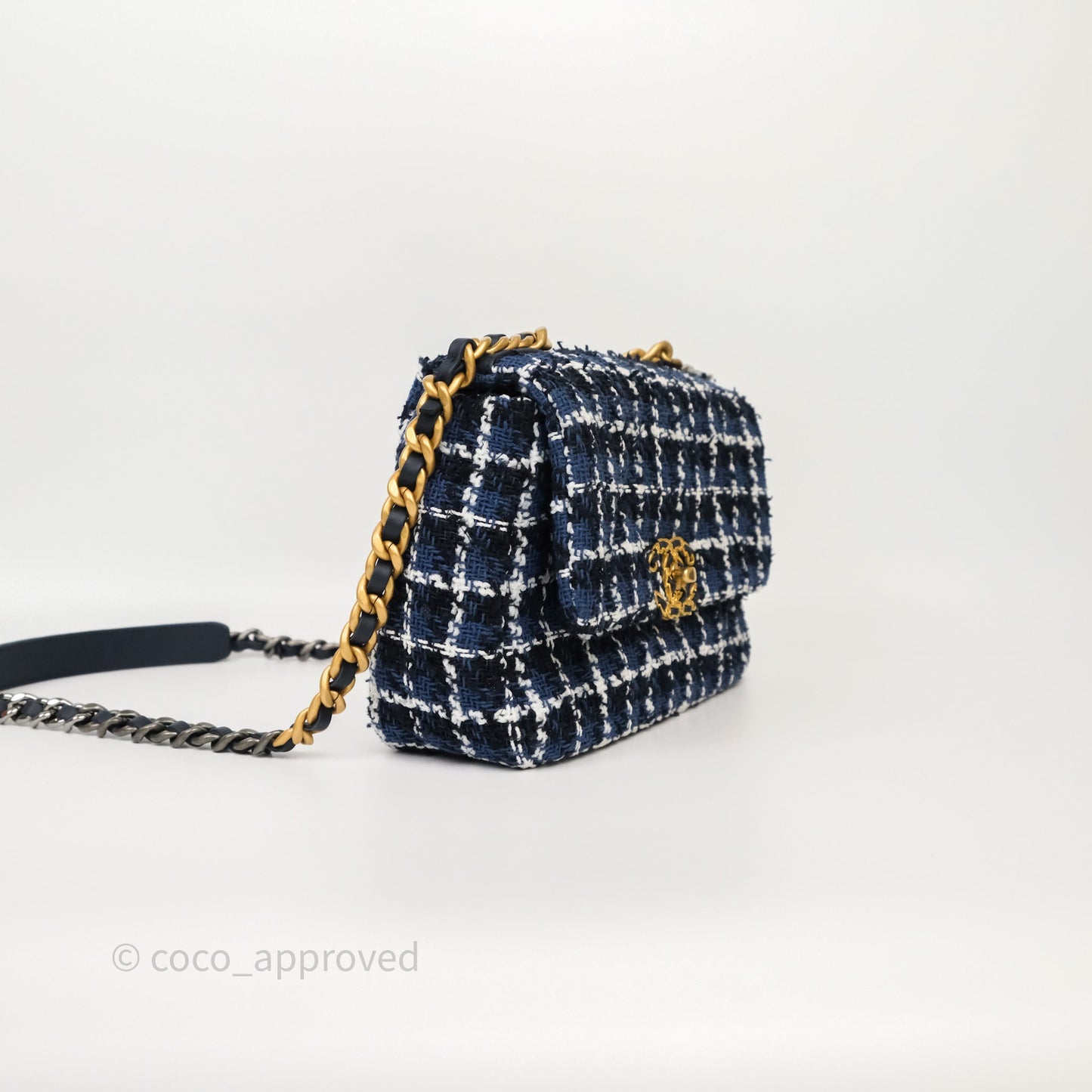 Chanel 19 Small Blue White Black Grid Tweed Mixed Hardware