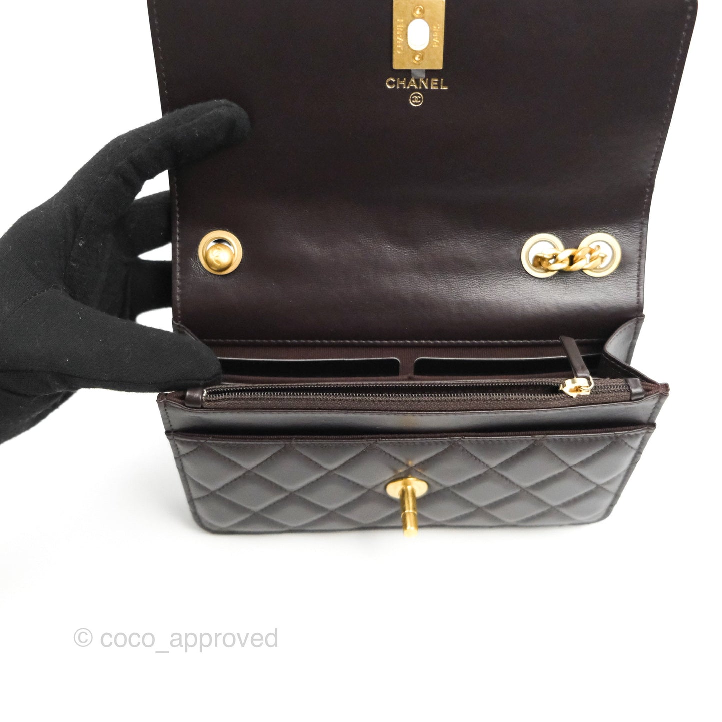 Chanel Quilted Wallet on Chain WOC Adjustable Chain Brown Lambskin Aged Gold Hardware 22K