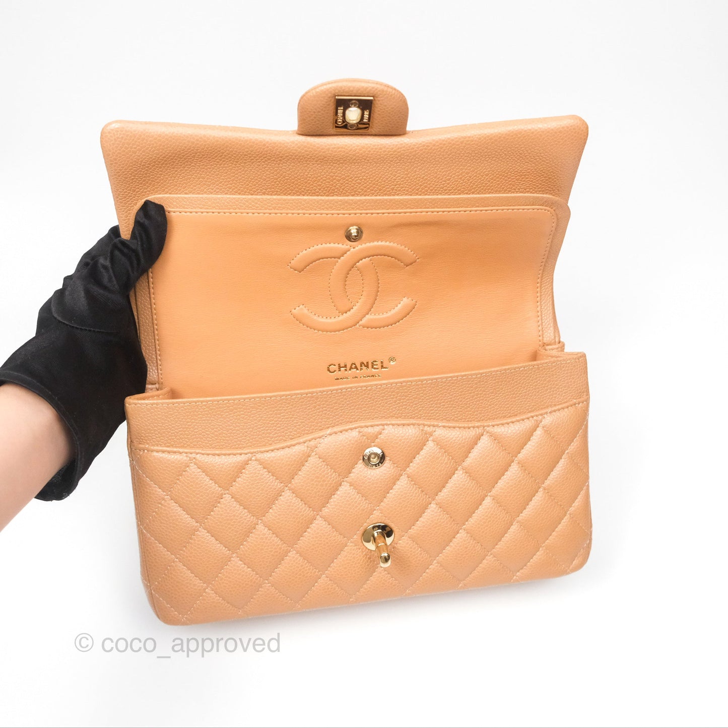 Chanel Classic M/L Medium Flap Quilted Dark Beige Caviar Gold Hardware 18S