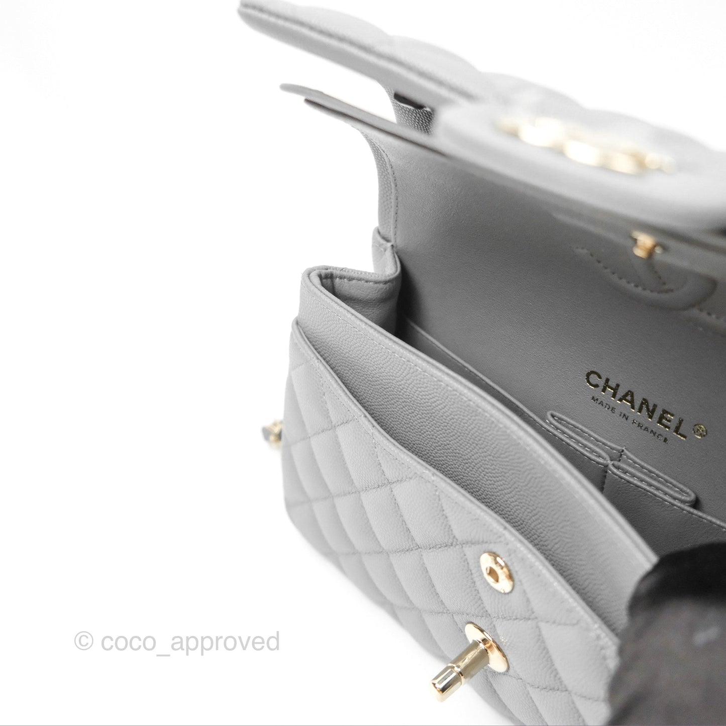 Chanel Small Classic Quilted Flap Grey Caviar Gold Hardware