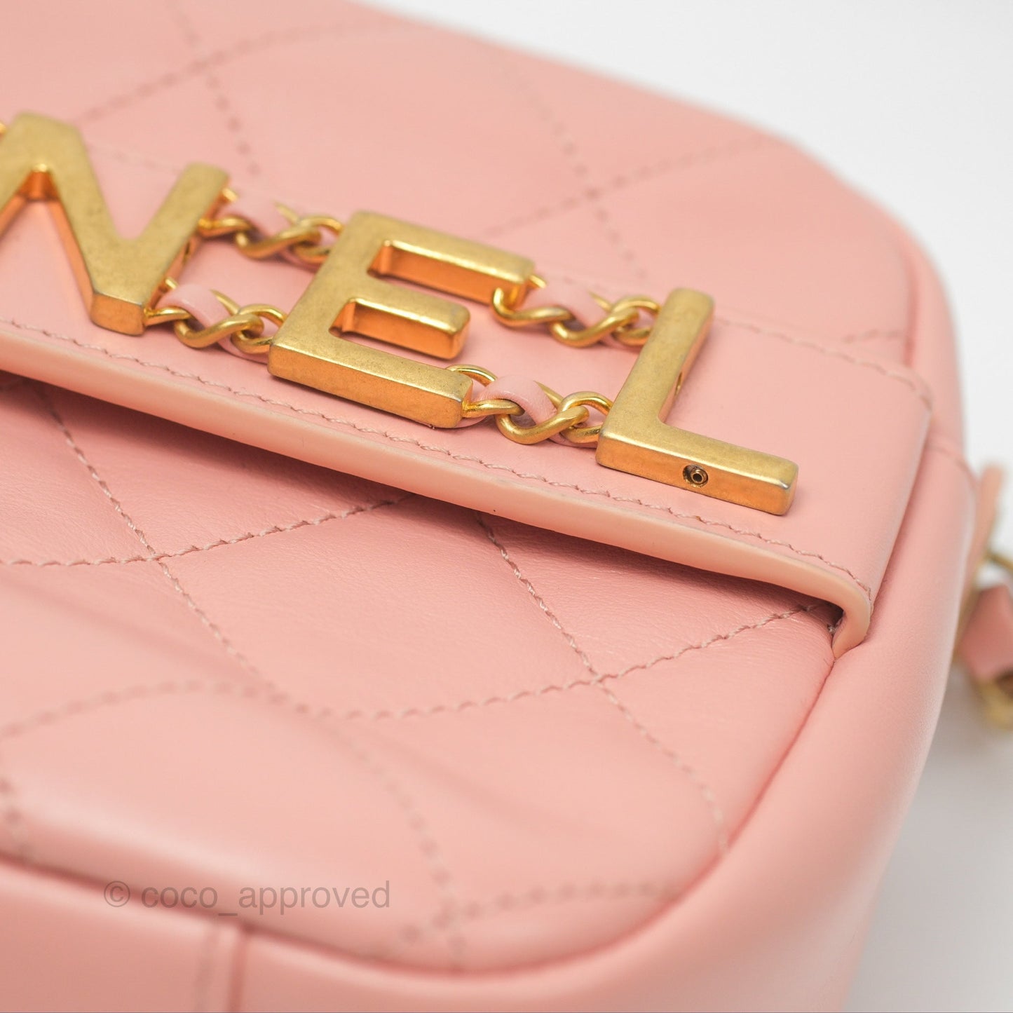 Chanel Logo Enchained Camera Bag Pink Calfskin Aged Gold Hardware