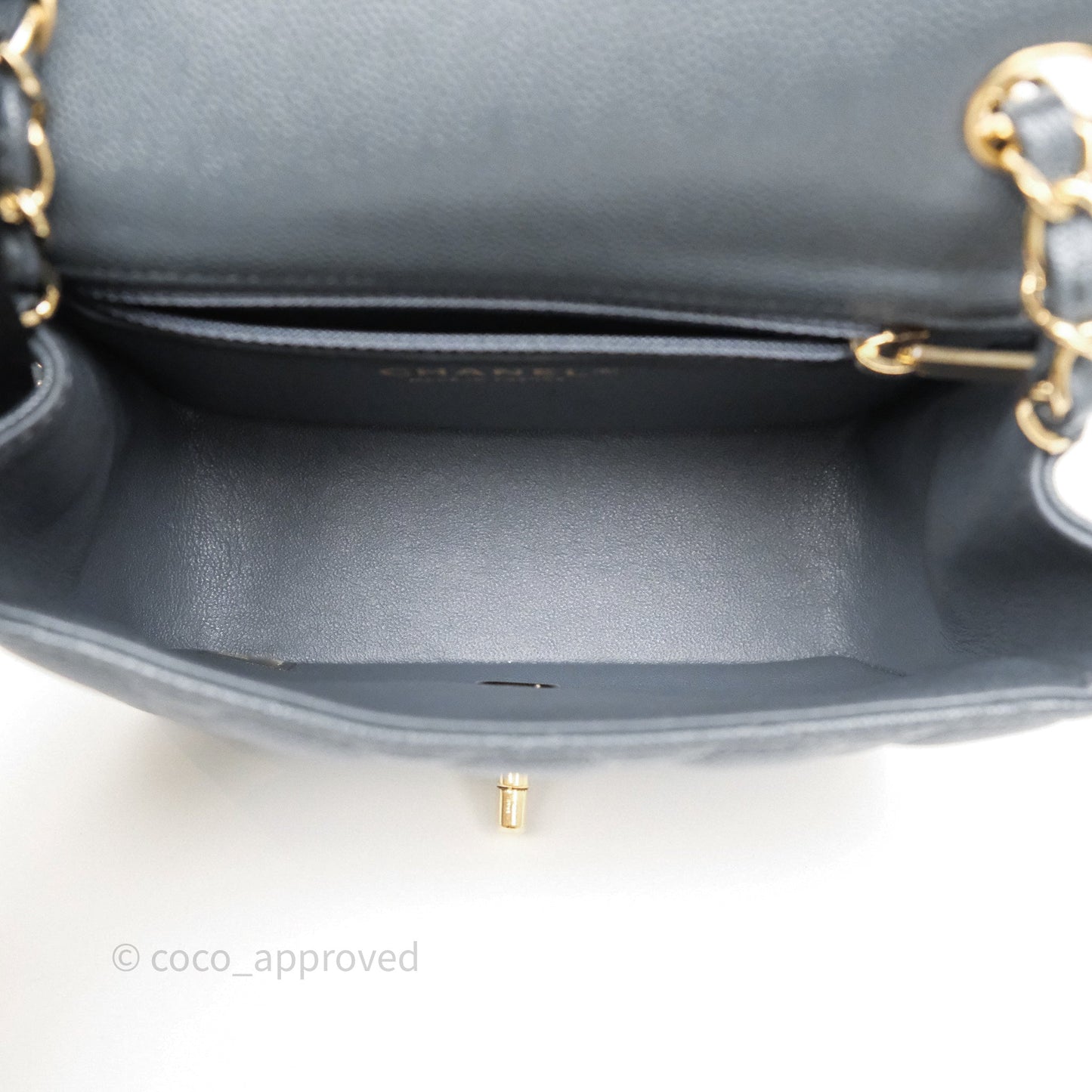 Chanel Mini Square Flap Quilted Dark Grey Blue Caviar Gold Hardware