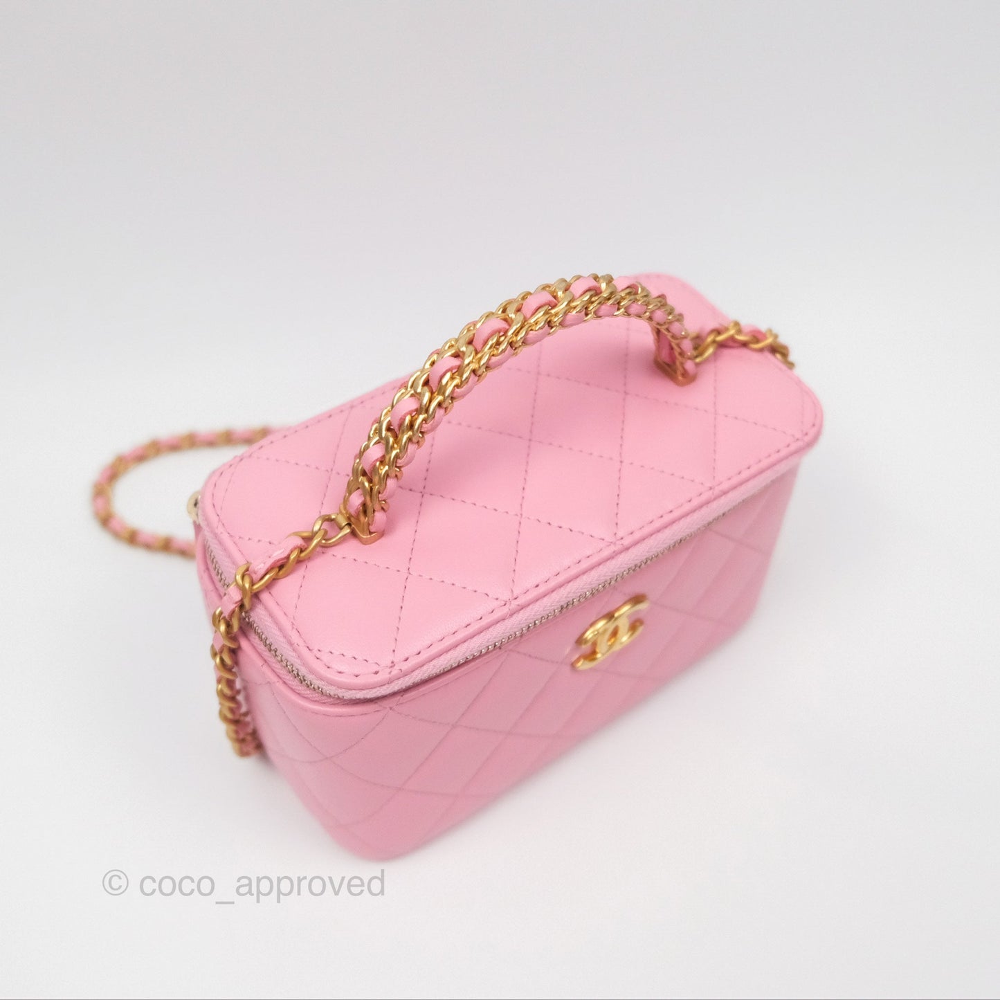 Chanel Vanity Rectangular with Top Handle Pink Lambskin Aged Gold Hardware