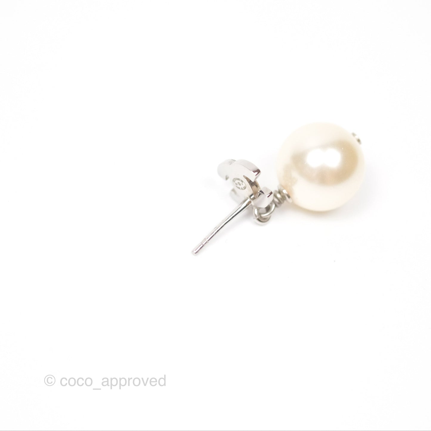Chanel Crystal CC Pearl Drop Earrings Silver Tone 21V