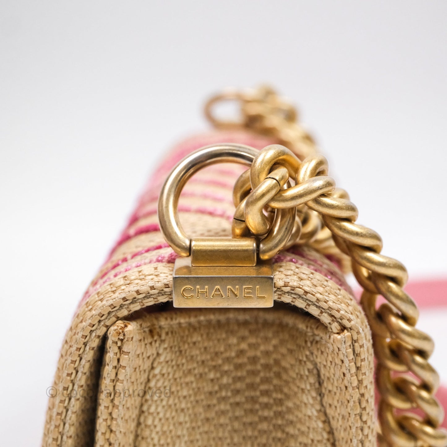 Chanel Small Boy Chevron Raffia Metallic Pink Aged Gold Hardware
