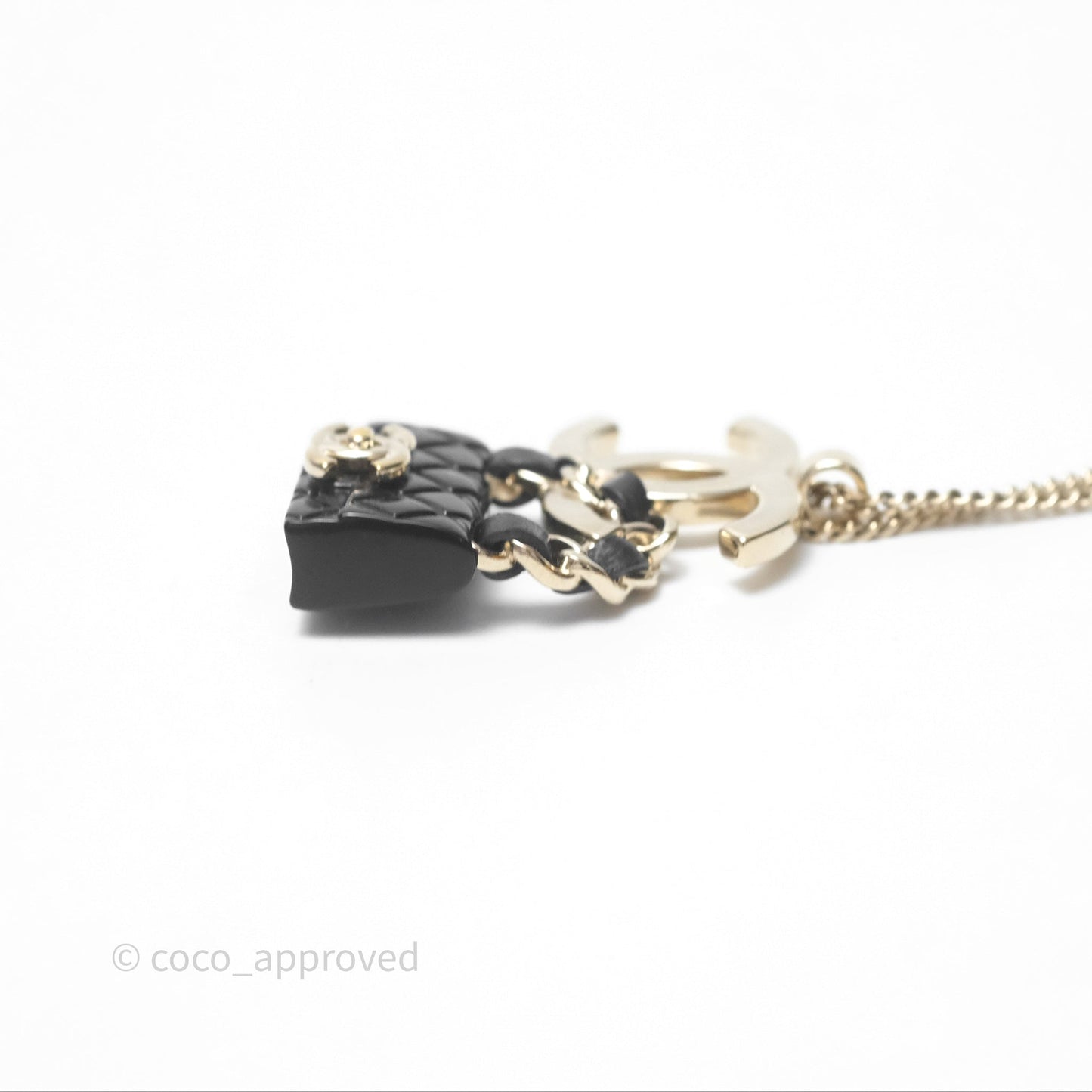 Chanel CC Black Flap Bag Pendant Necklace Gold Tone