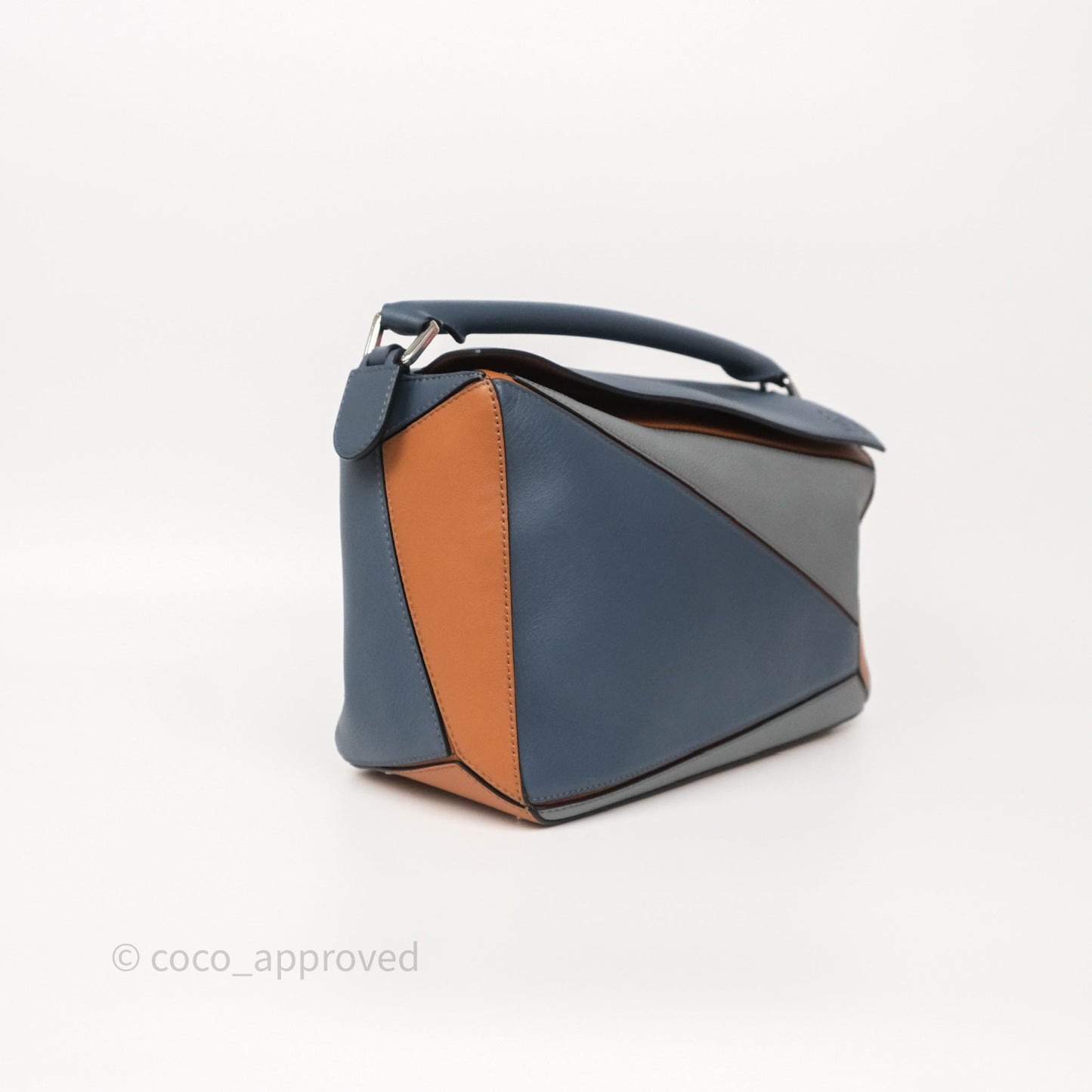 Loewe Medium Puzzle Bag Stone Blue Indigo Tan Calfskin Silver Hardware