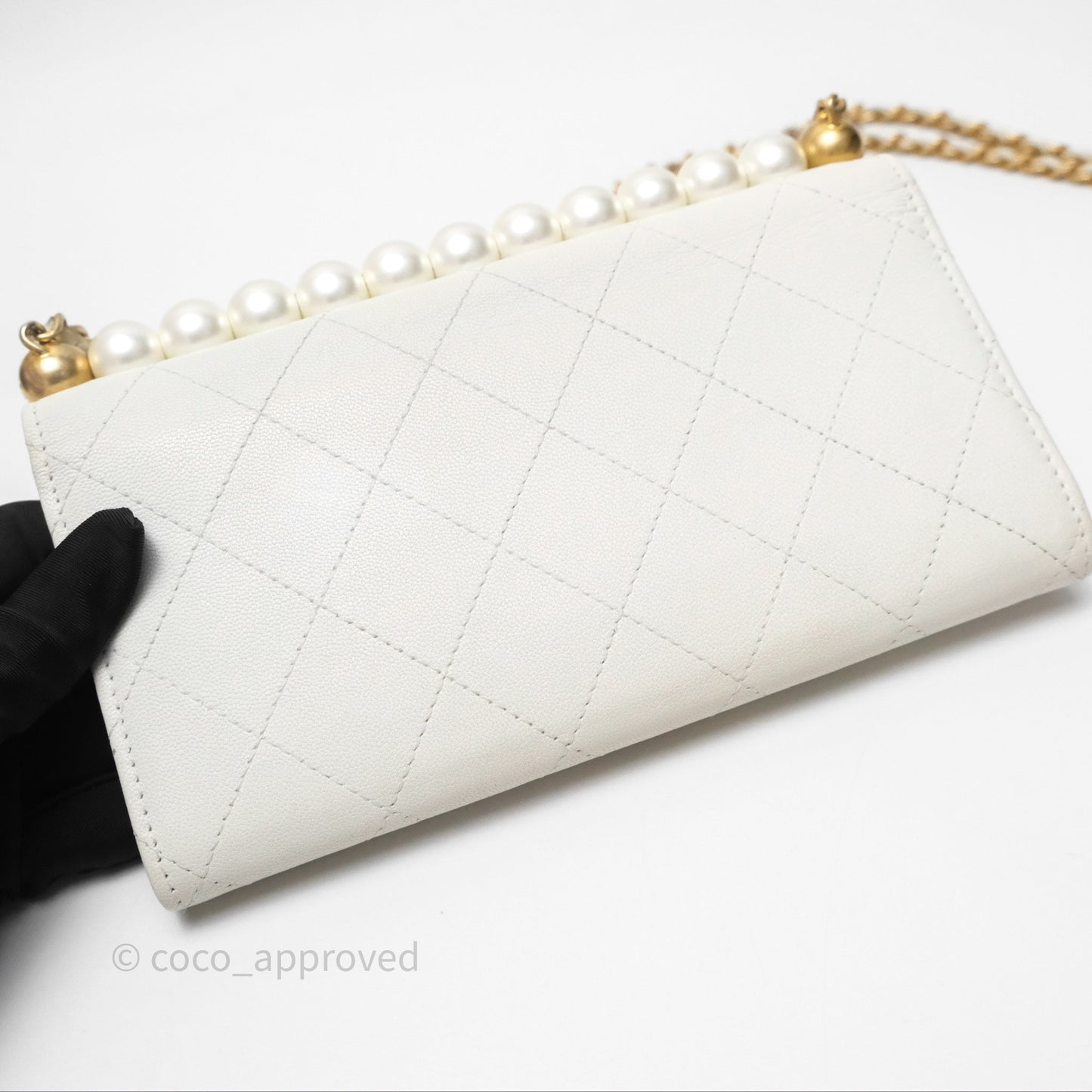 Chanel Quilted Mini Chic Pearls Flap Wallet On Chain WOC White Goatskin Aged Gold Hardware
