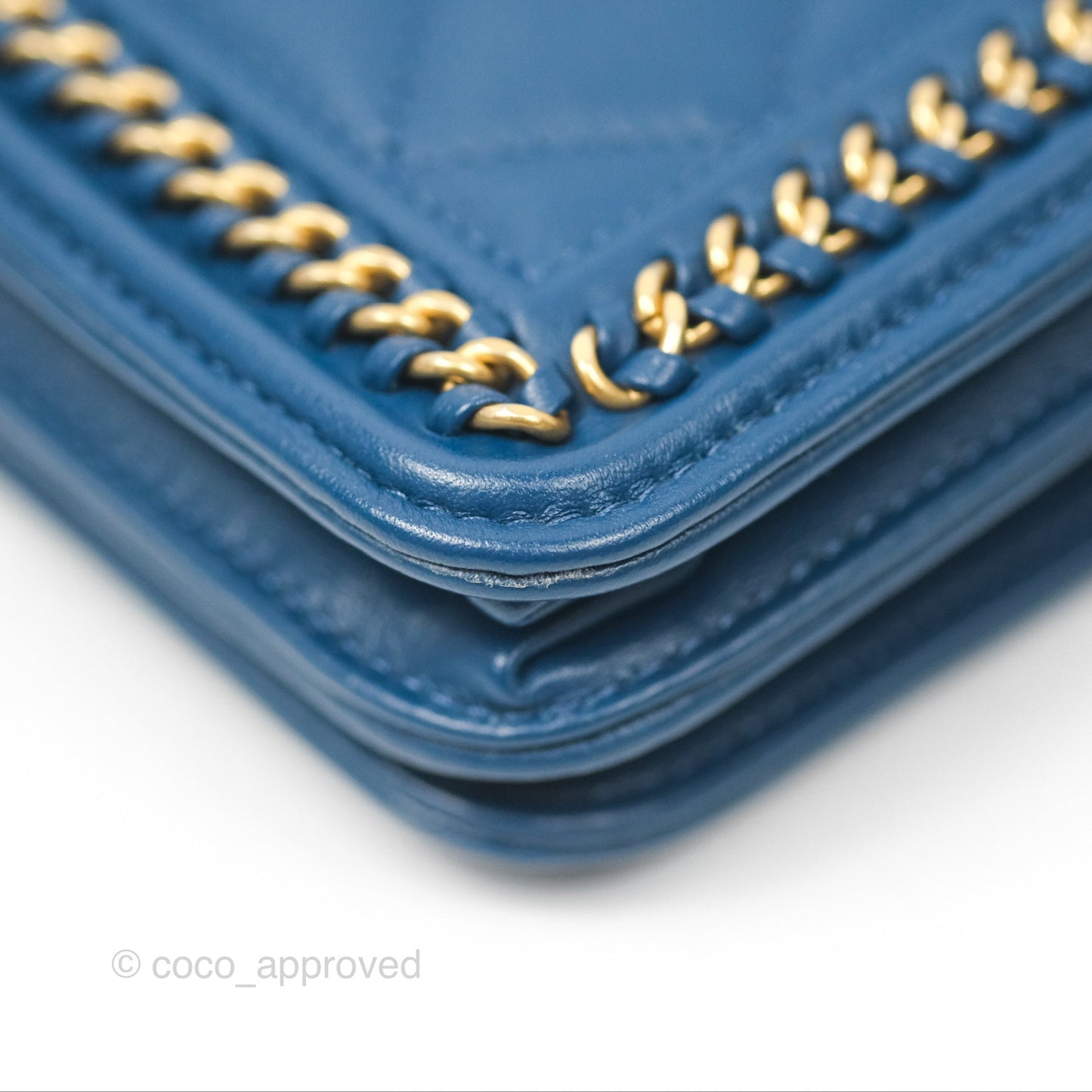 Chanel Quilted Boy Wallet on Chain WOC Blue Calfskin Aged Gold Hardware