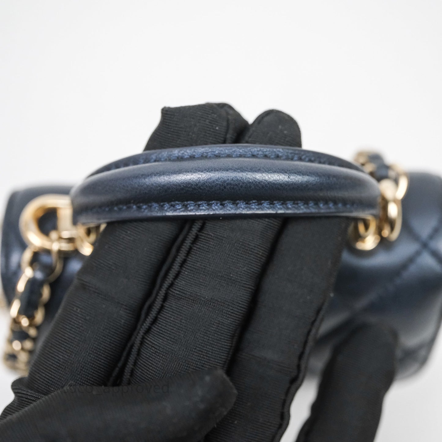Chanel Mini Handle Clutch With Chain Iridescent Dark Navy Lambskin Gold Hardware