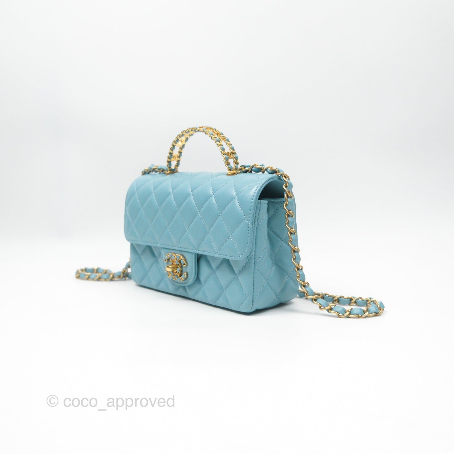 Chanel Flap Bag with Crystal Logo Top Handle Tiffany Blue Lambskin Aged Gold Hardware