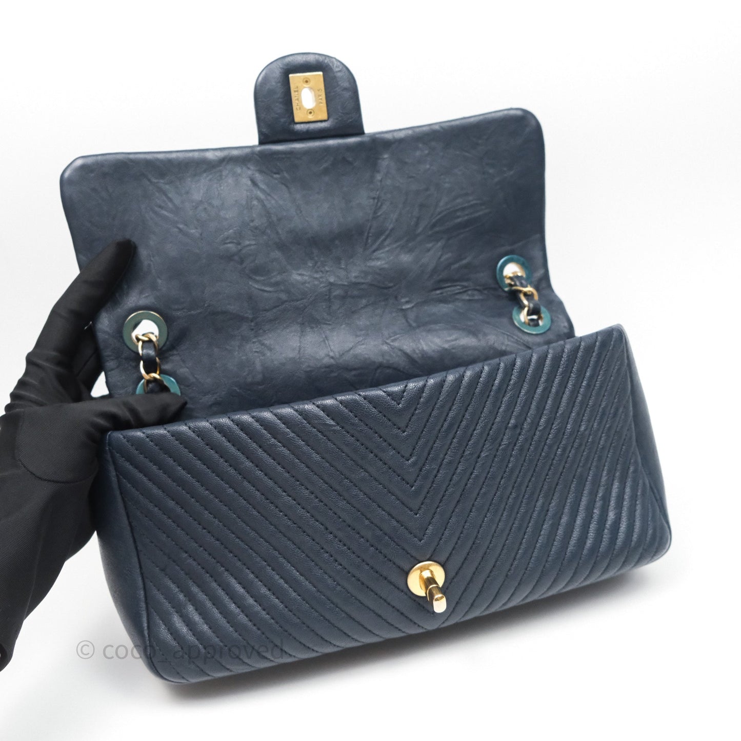 Chanel Medium Chevron Surpique Flap Navy Calfskin Aged Gold Hardware