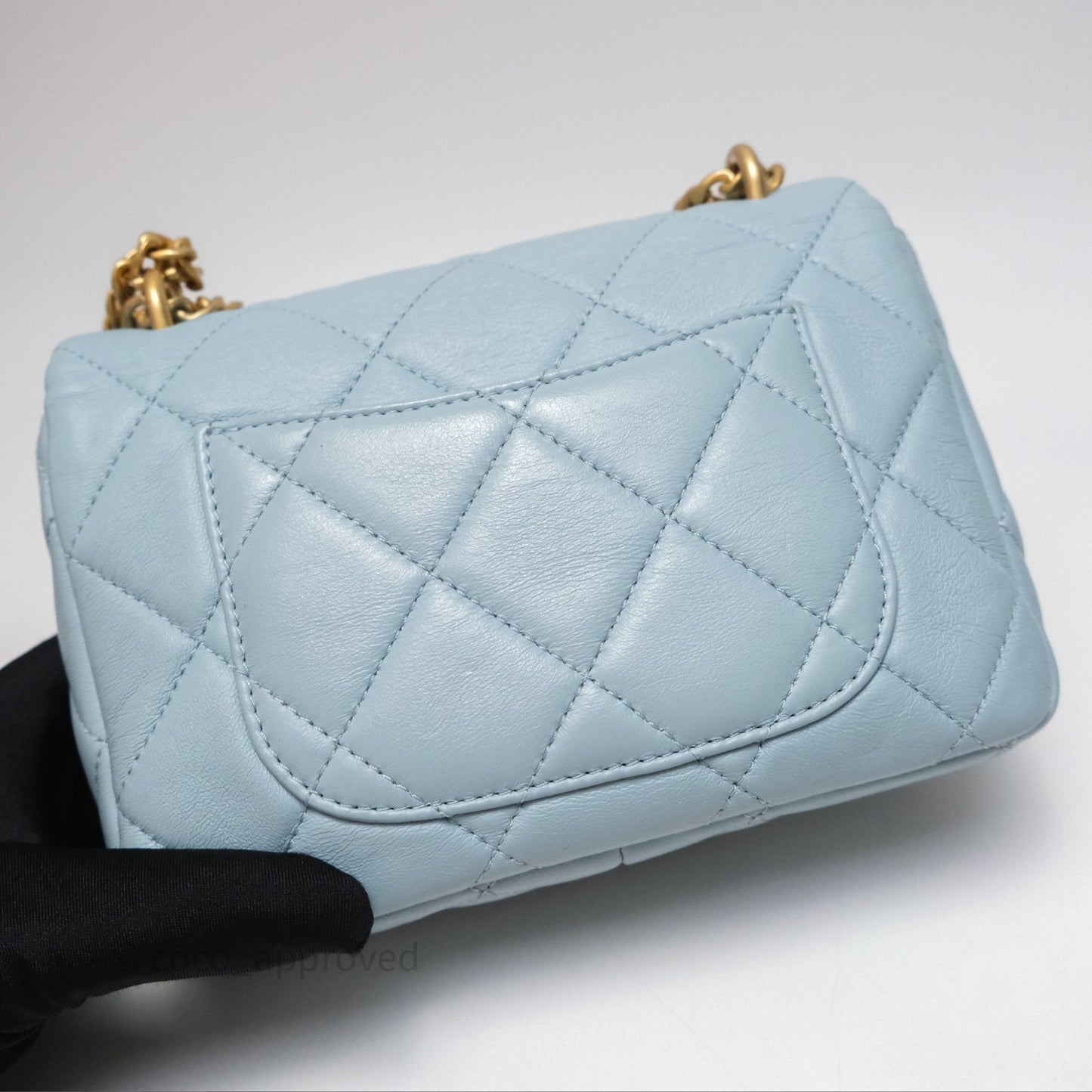 Chanel Quilted Enamel Pending CC Mini Square Flap Baby Blue Lambskin 22P