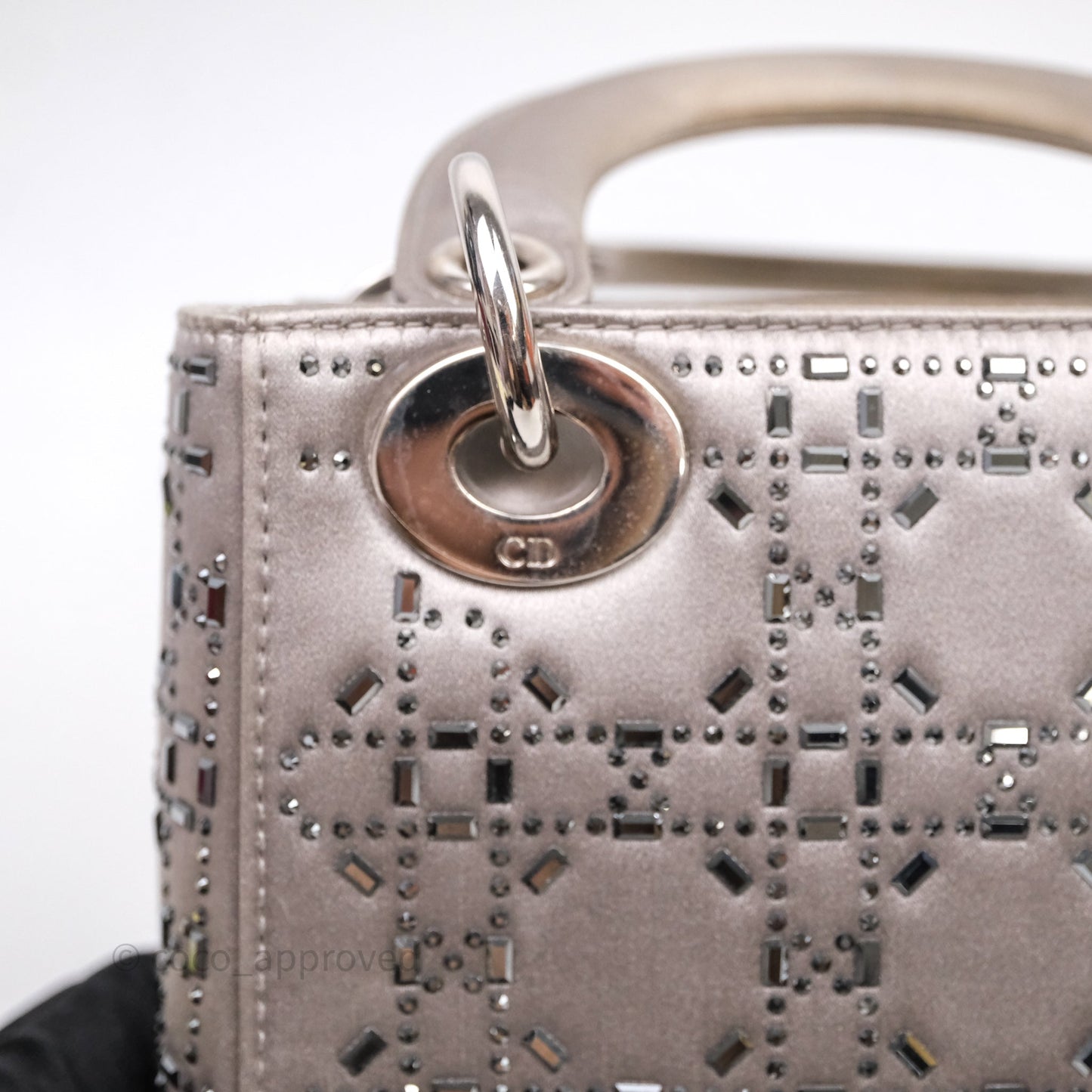 Christian Dior Mini Lady Dior Bag Grey Strass Cannage Satin Silver Hardware
