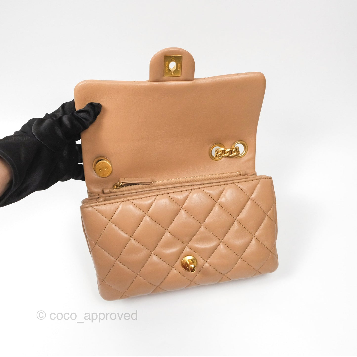 Chanel Small All Slide Adjustable Chain Flap Bag Beige Lambskin Aged Gold Hardware