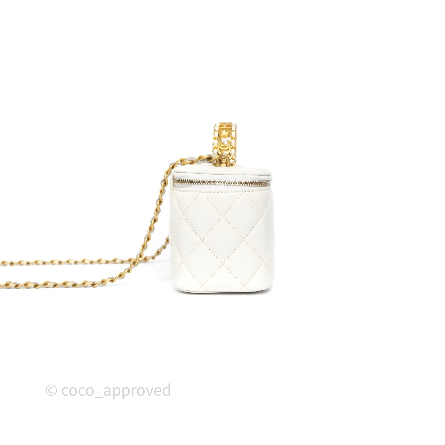 Chanel Logo Top Handle Vanity Rectangular White Caviar Aged Gold Hardware