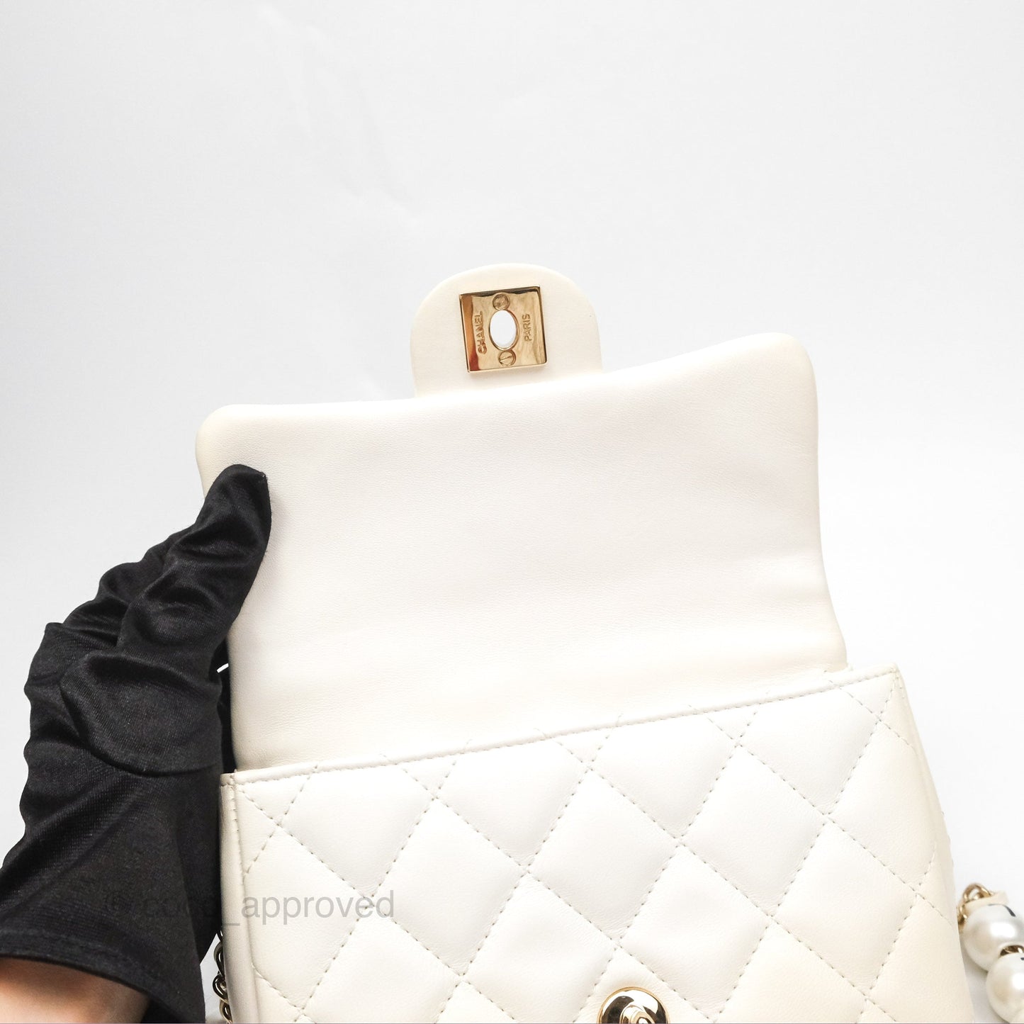 Chanel Small Logo Pearl Chain Flap Bag White Lambskin Gold Hardware
