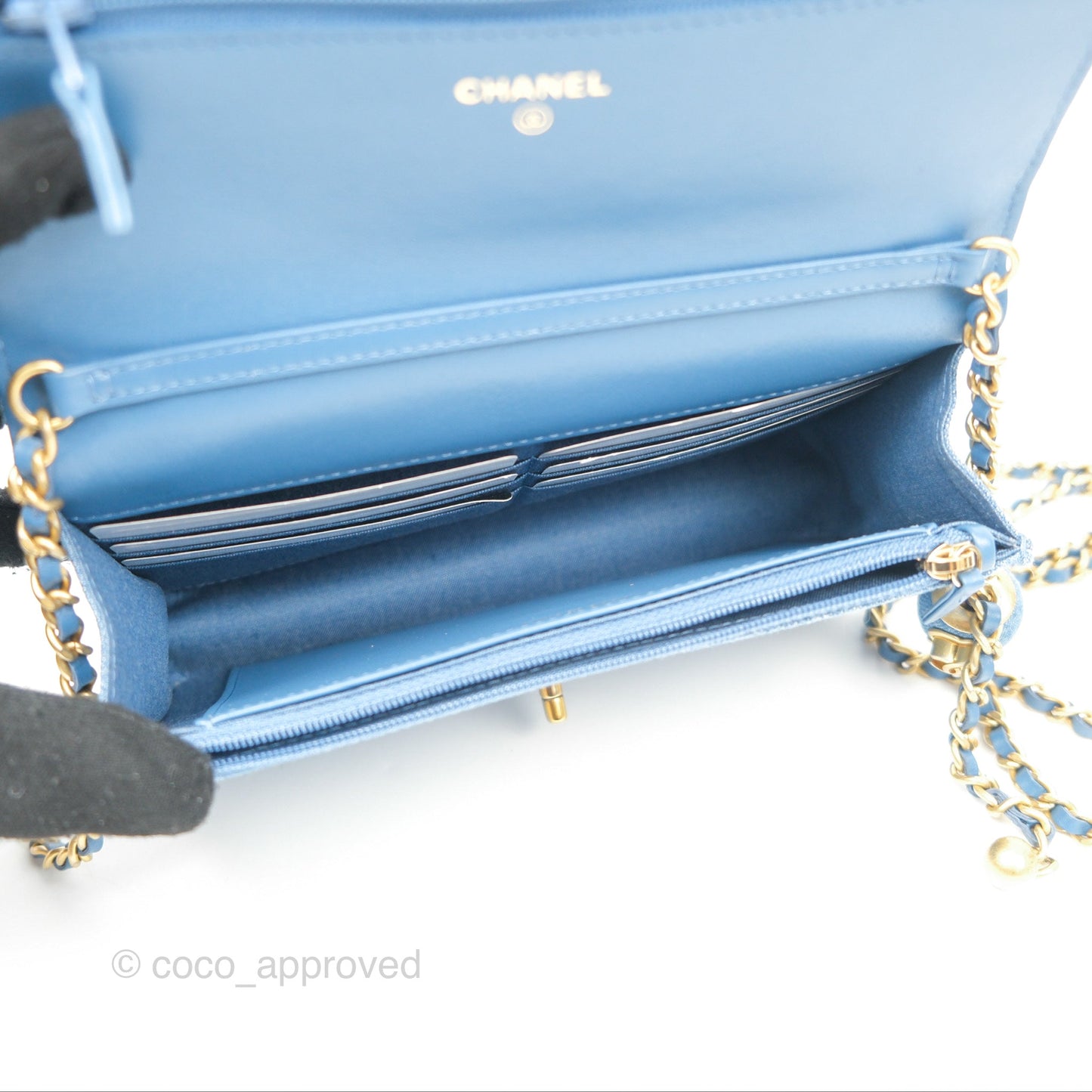 Chanel Quilted Pearl Crush Wallet on Chain WOC Denim Aged Gold Hardware